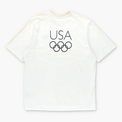 Vintage ADIDAS Y2K 'Athens 2004' USA Olympic Embroidered Beige & White Ringer T-Shirt (M)