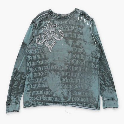 Vintage AFFLICTION Y2K Reversible Distressed Grunge Cross Blue Long Sleeve T-Shirt (XXL)