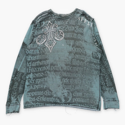 Vintage AFFLICTION Y2K Reversible Distressed Grunge Cross Blue Long Sleeve T-Shirt (XXL)