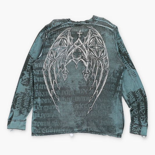 Vintage AFFLICTION Y2K Reversible Distressed Grunge Cross Blue Long Sleeve T-Shirt (XXL)
