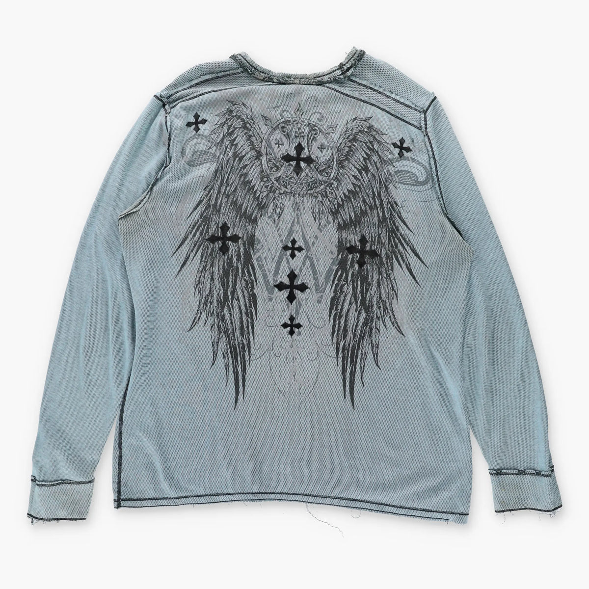 Vintage AFFLICTION Y2K Reversible Distressed Grunge Cross Blue Long Sleeve T-Shirt (XXL)