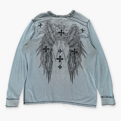 Vintage AFFLICTION Y2K Reversible Distressed Grunge Cross Blue Long Sleeve T-Shirt (XXL)