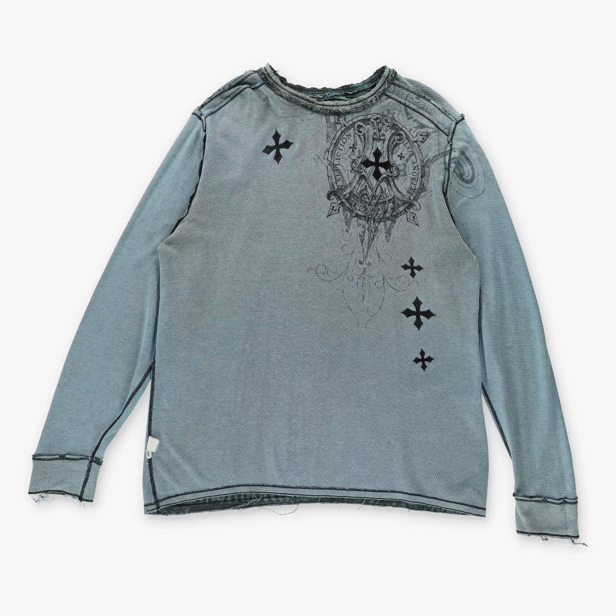 Vintage AFFLICTION Y2K Reversible Distressed Grunge Cross Blue Long Sleeve T-Shirt (XXL)