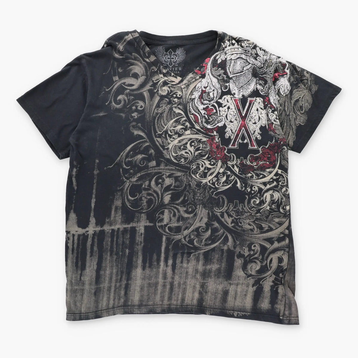 Vintage XZAVIER Y2K Embellished Grunge Black V-Neck T-Shirt (XXL)