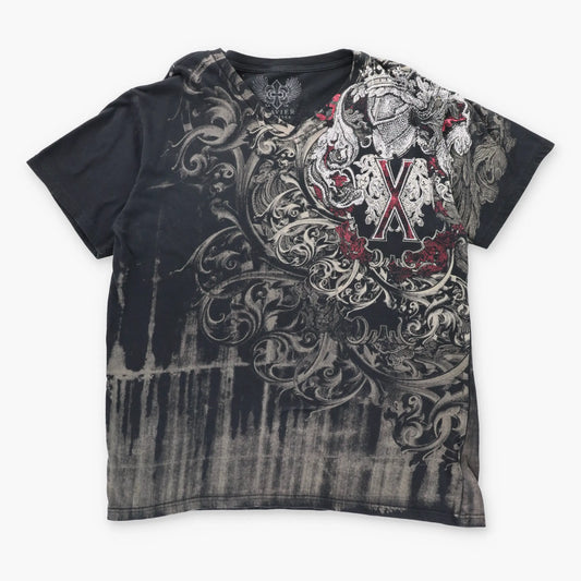 Vintage XZAVIER Y2K Embellished Grunge Black V-Neck T-Shirt (XXL)