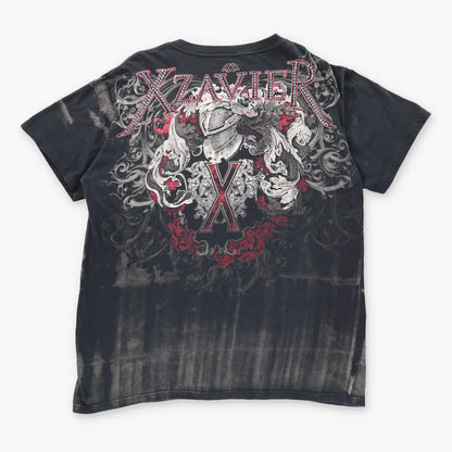 Vintage XZAVIER Y2K Embellished Grunge Black V-Neck T-Shirt (XXL)