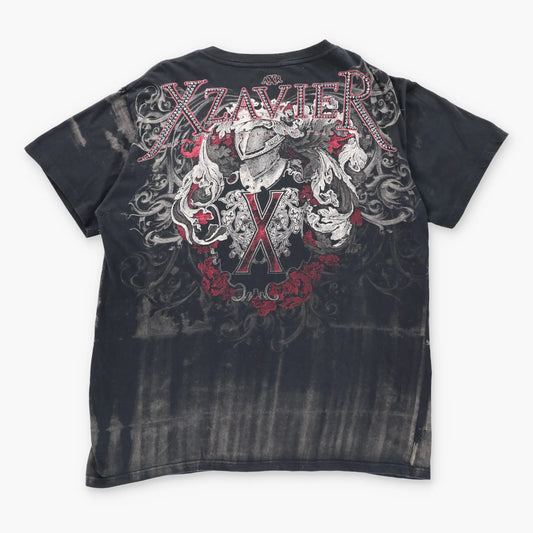 Vintage XZAVIER Y2K Embellished Grunge Black V-Neck T-Shirt (XXL)