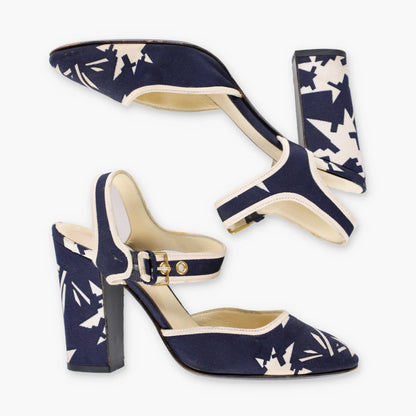 Vintage MIU MIU Italian Made Navy Blue & Cream Geometric Block Heels (36.5)