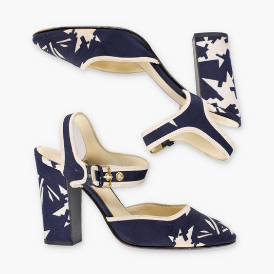 Vintage MIU MIU Italian Made Navy Blue & Cream Geometric Block Heels (36.5)