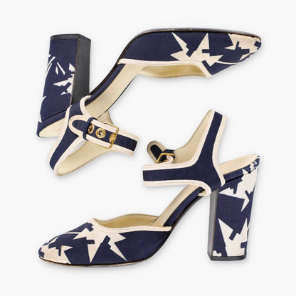 Vintage MIU MIU Italian Made Navy Blue & Cream Geometric Block Heels (36.5)