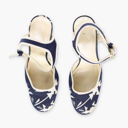 Vintage MIU MIU Italian Made Navy Blue & Cream Geometric Block Heels (36.5)