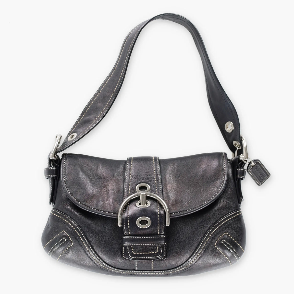 Vintage COACH F10188 Black & Silver Buckle Leather Shoulder Bag