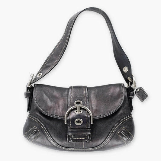 Vintage COACH F10188 Black & Silver Buckle Leather Shoulder Bag