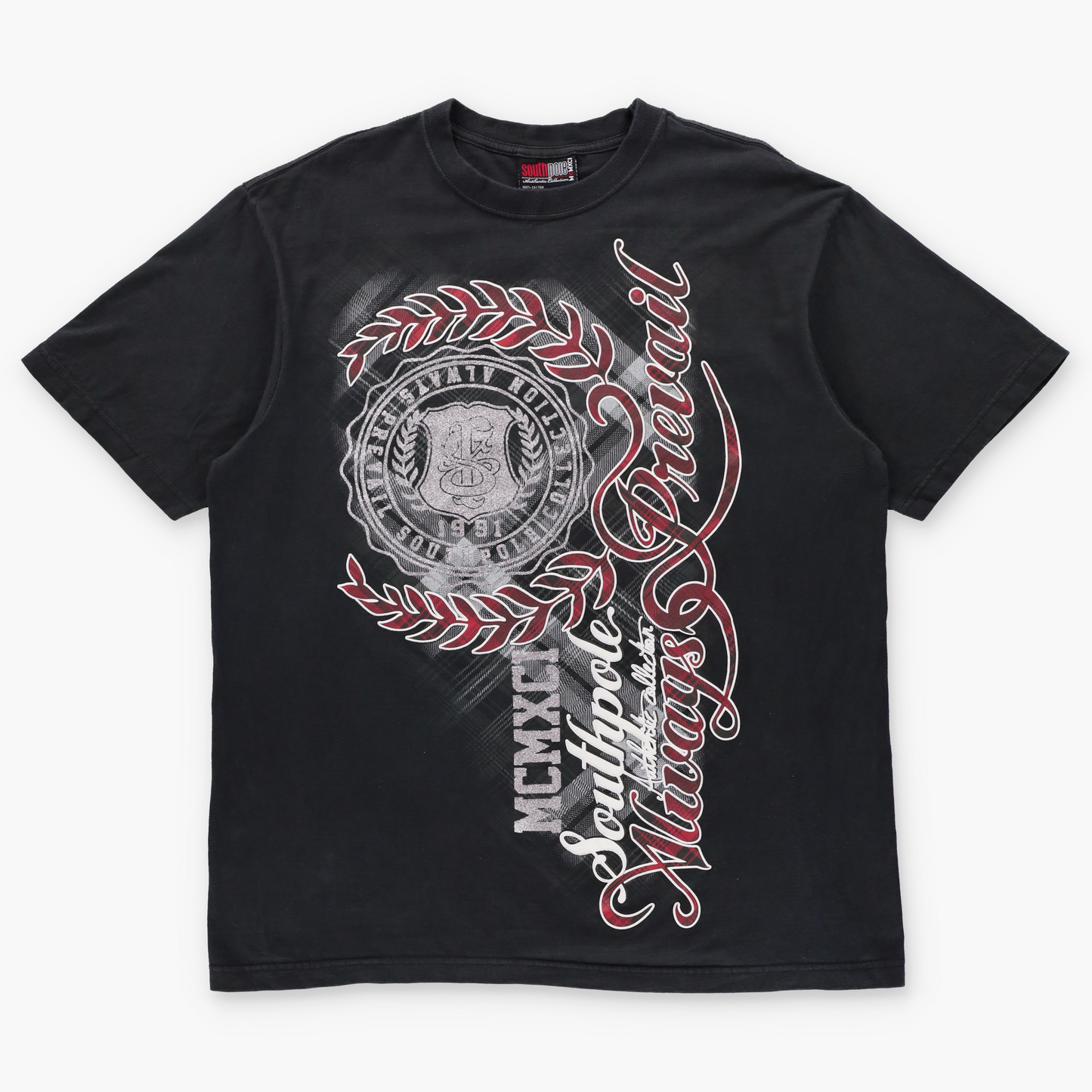 SOUTHPOLE "Always Prevail" Silver Glitter & Red Plaid Graphic Y2K Style Black Tee (XL)