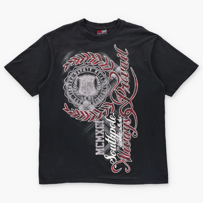SOUTHPOLE "Always Prevail" Silver Glitter & Red Plaid Graphic Y2K Style Black Tee (XL)