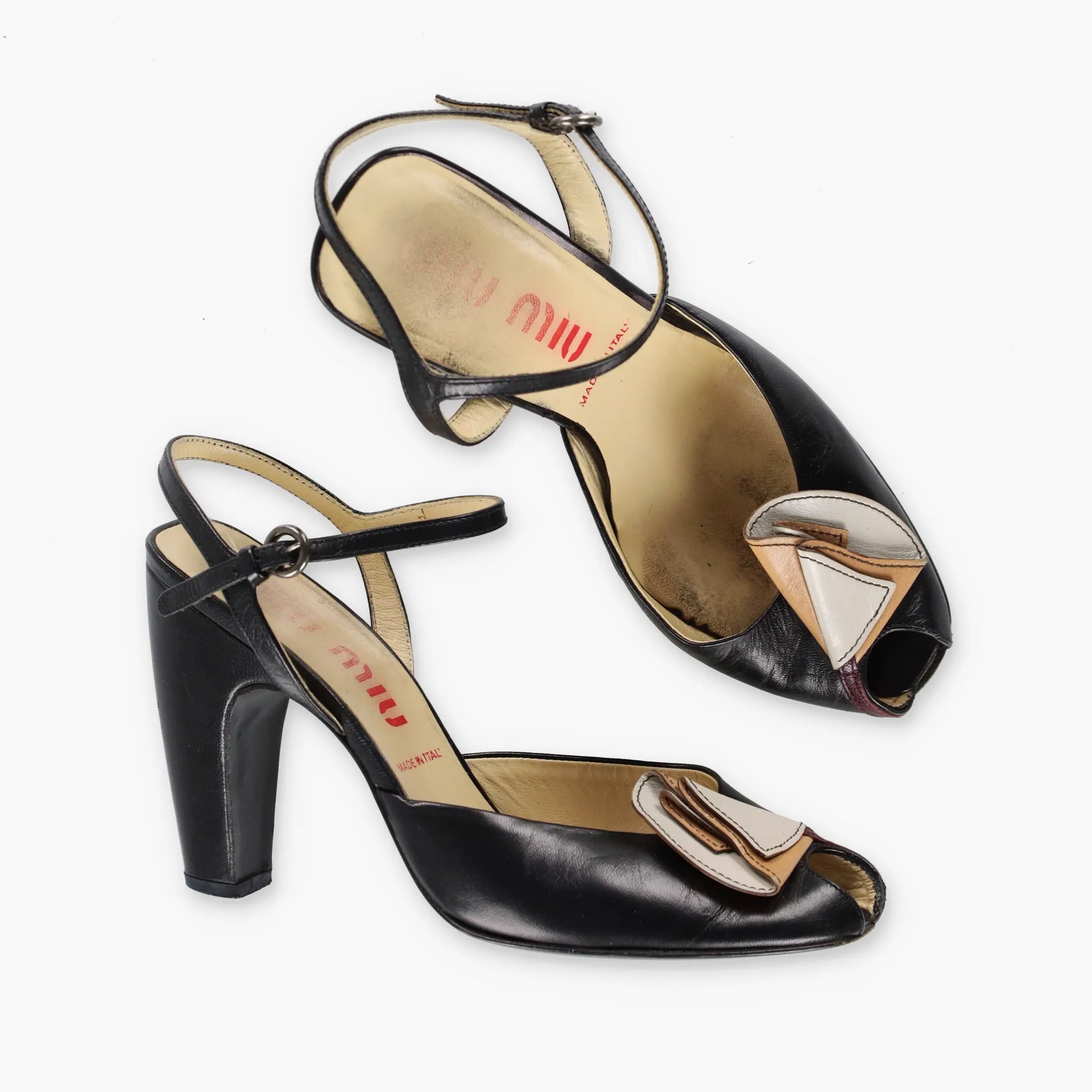 MIU MIU Retro Flower Black Leather Peep Toe Heels (37.5) - Vintage Sole Melbourne