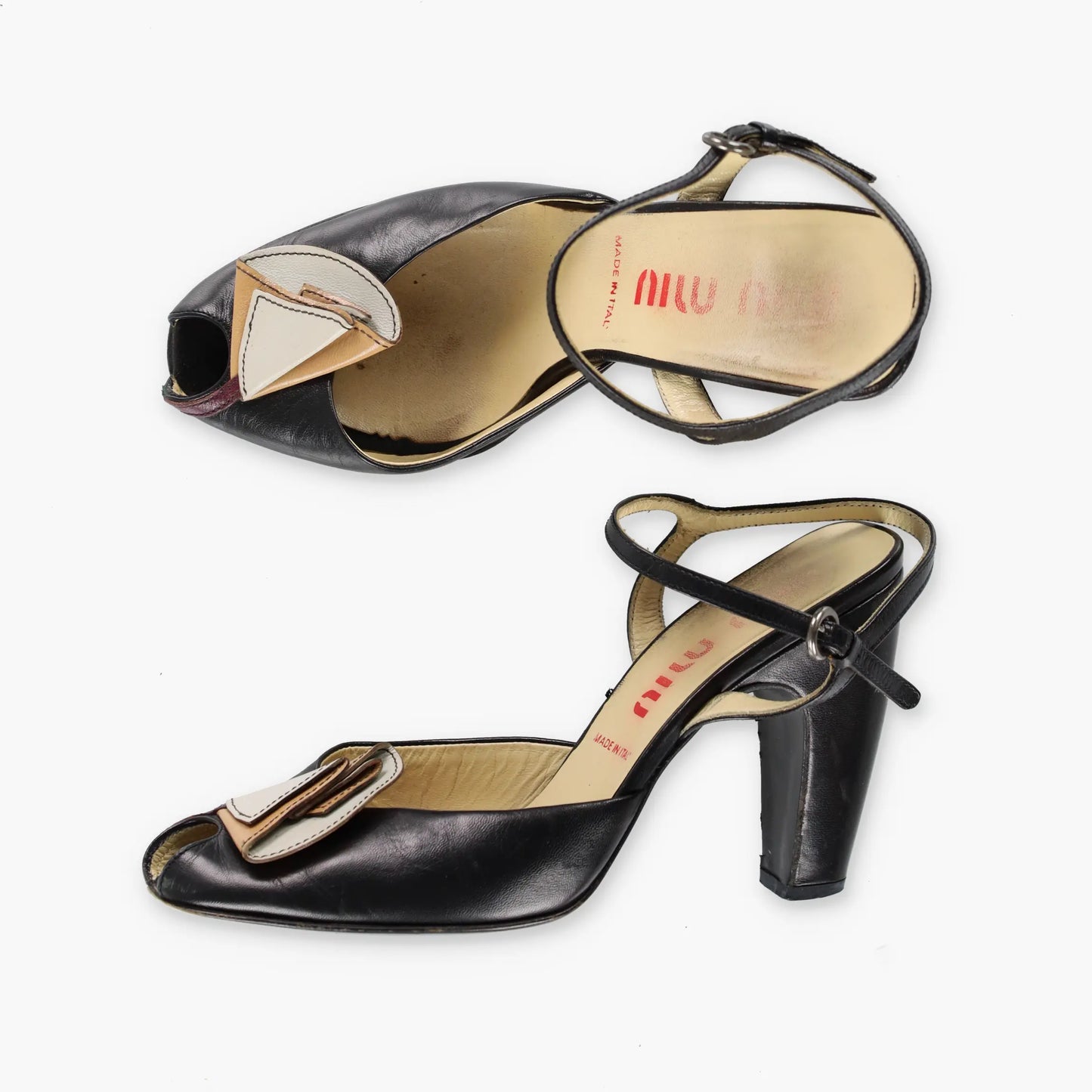 MIU MIU Retro Flower Black Leather Peep Toe Heels (37.5) - Vintage Sole Melbourne