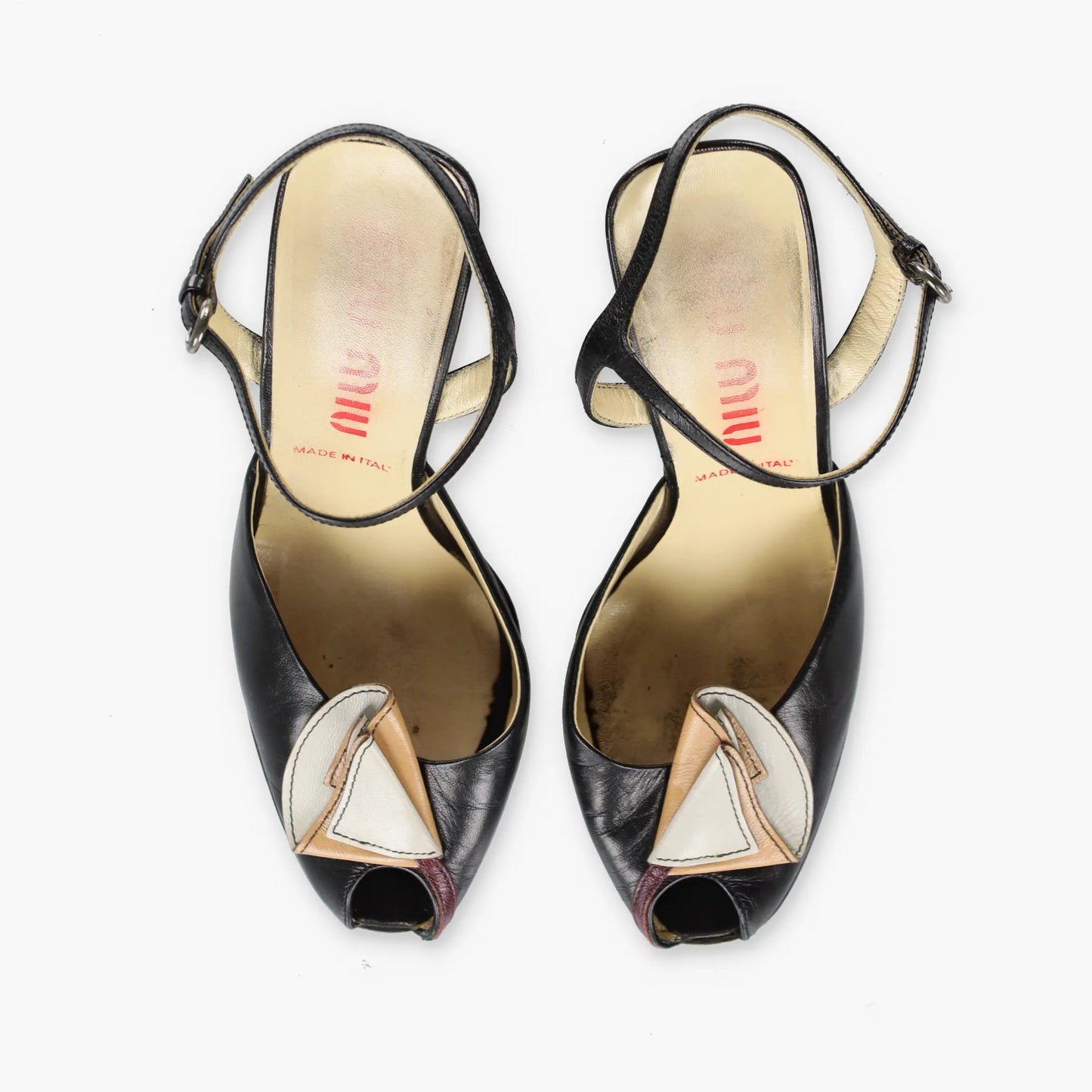 MIU MIU Retro Flower Black Leather Peep Toe Heels (37.5) - Vintage Sole Melbourne