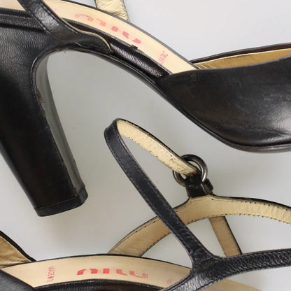 MIU MIU Retro Flower Black Leather Peep Toe Heels (37.5) - Vintage Sole Melbourne