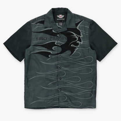 HARLEY DAVIDSON Devil Pitchfork Y2K Short Sleeve Button Up Flame Shirt (M-L) - Vintage Sole Melbourne