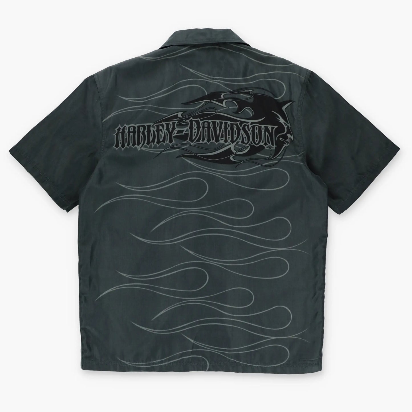 HARLEY DAVIDSON Devil Pitchfork Y2K Short Sleeve Button Up Flame Shirt (M-L) - Vintage Sole Melbourne