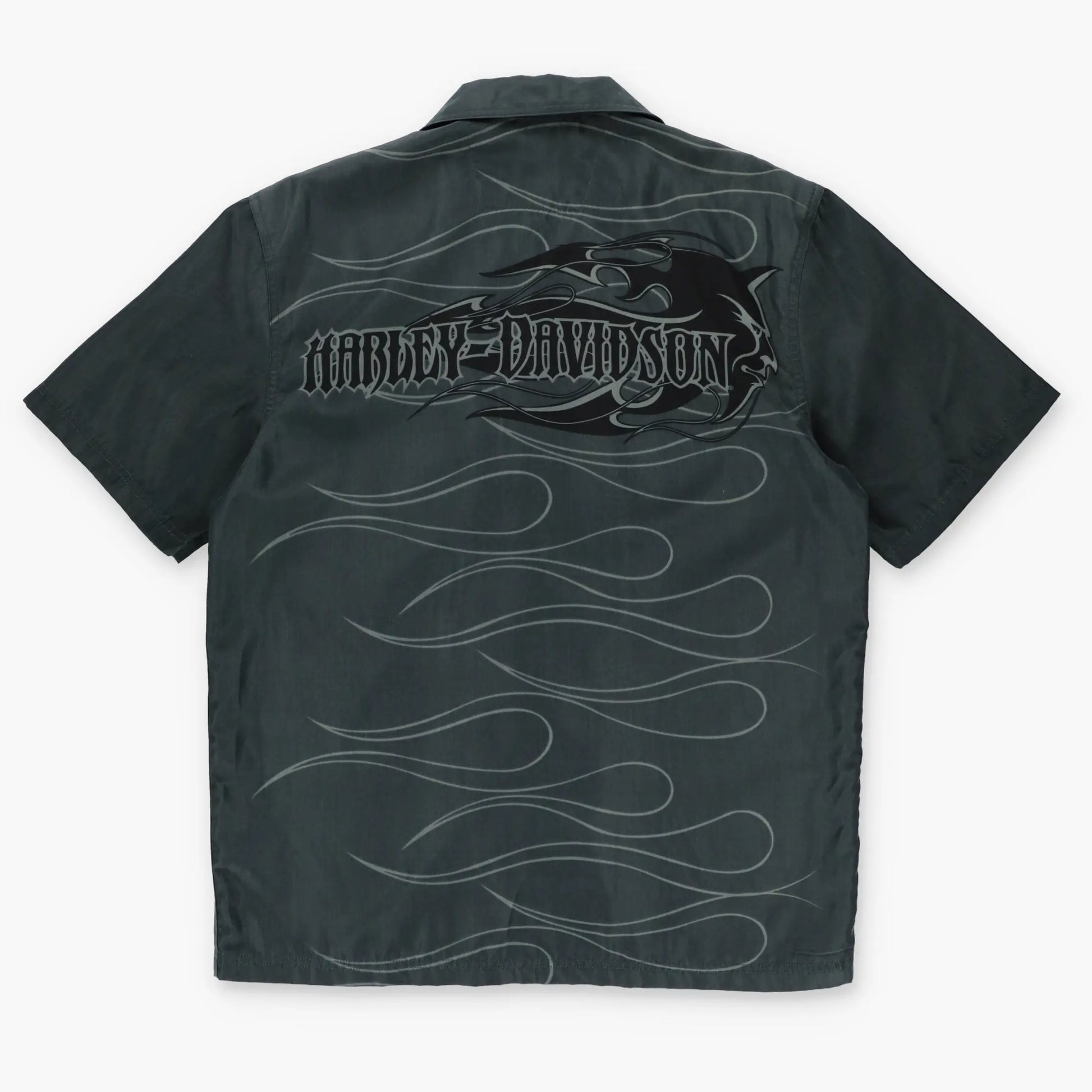 HARLEY DAVIDSON Devil Pitchfork Y2K Short Sleeve Button Up Flame Shirt (M-L) - Vintage Sole Melbourne