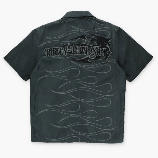HARLEY DAVIDSON Devil Pitchfork Y2K Short Sleeve Button Up Flame Shirt (M-L) - Vintage Sole Melbourne