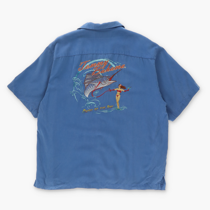 TOMMY BAHAMA 'Catch of the Day' Embroidered Silk Shirt (L)