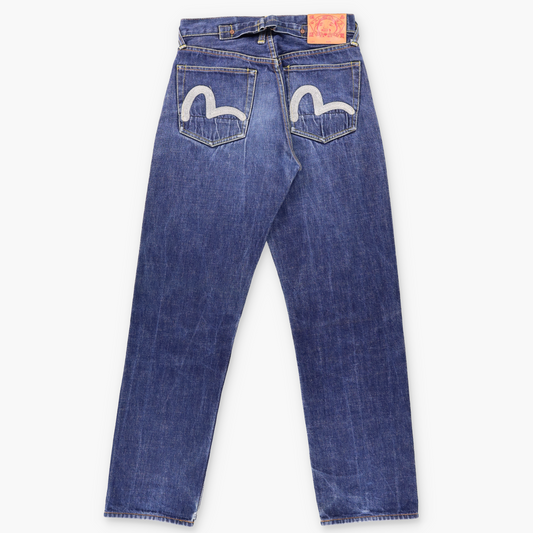 EVISU Embroidered Seagull Logo Cinch Back Blue Jeans (30)