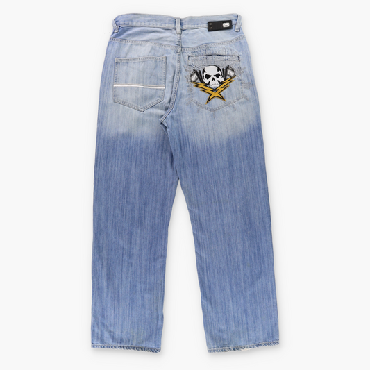 ECKO UNLIMITED Embroidered Skull & Lightening Bolts Baggy Fit Light Blue Jeans (36)