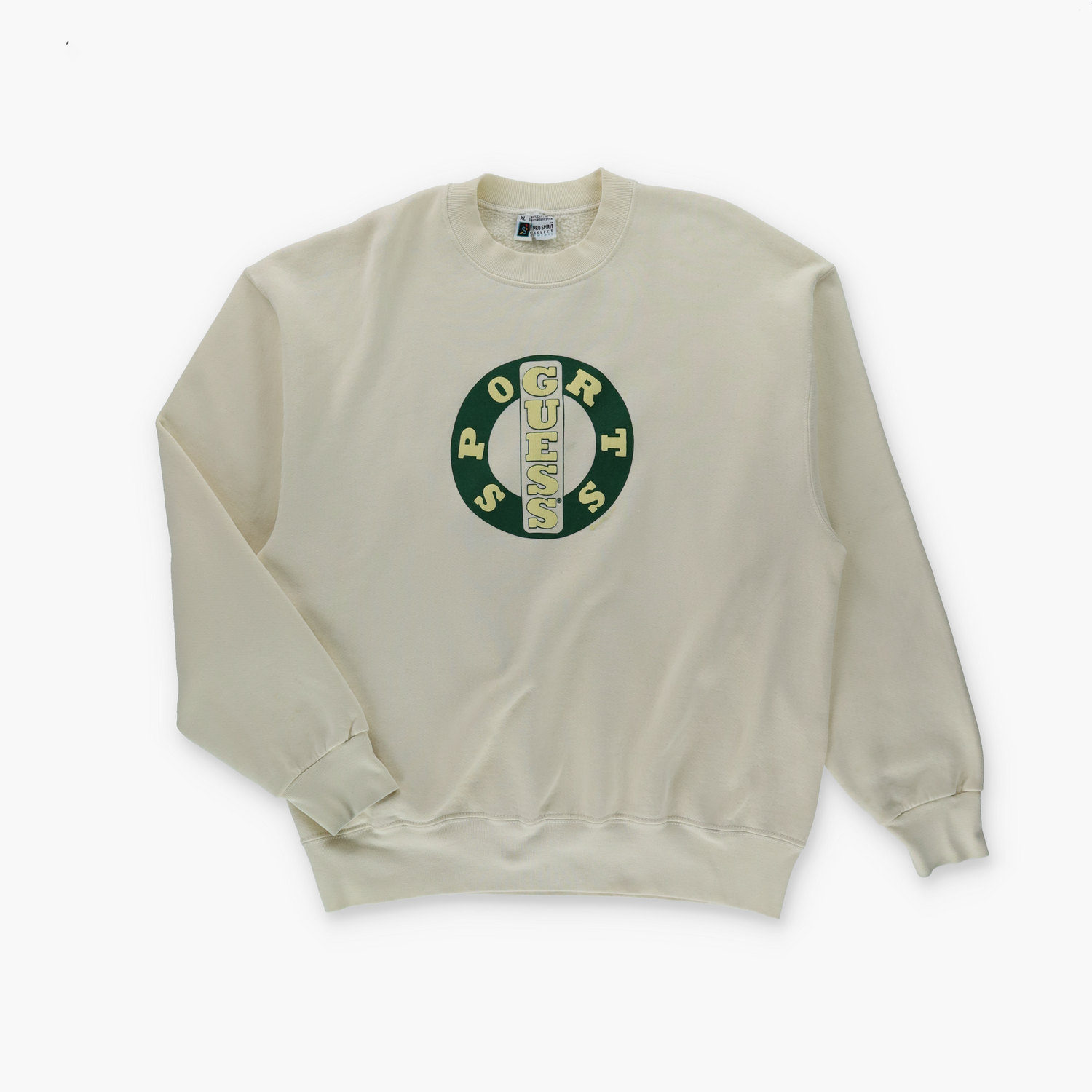 BOOTLEG "Guess Sports" Light Yellow & Green 3D Graphic USA Made 1993 PRO-SPIRIT SELECT SWEATS Crewneck Sweatshirt (XL) Vintage Sole Melbourne