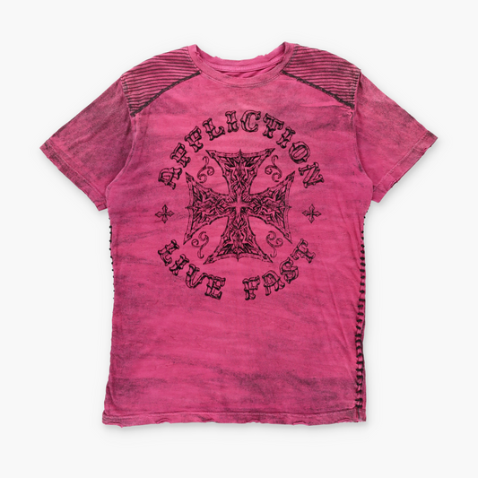 AFFLICTION Red & Black USA Made "Live Fast" Stitched & Felt Detail Tee (L)