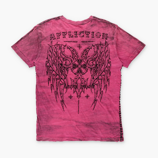 AFFLICTION Red & Black USA Made "Live Fast" Stitched & Felt Detail Tee (L)