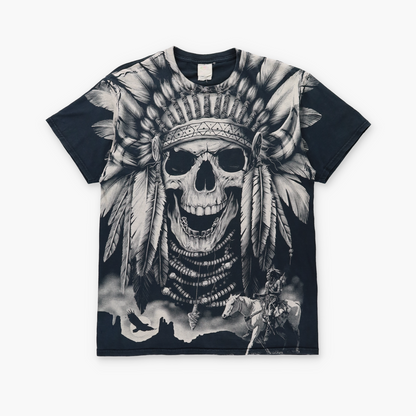Native American Headdress Skull All Over Print FRUIT OF THE LOOM Black T-Shirt (M)