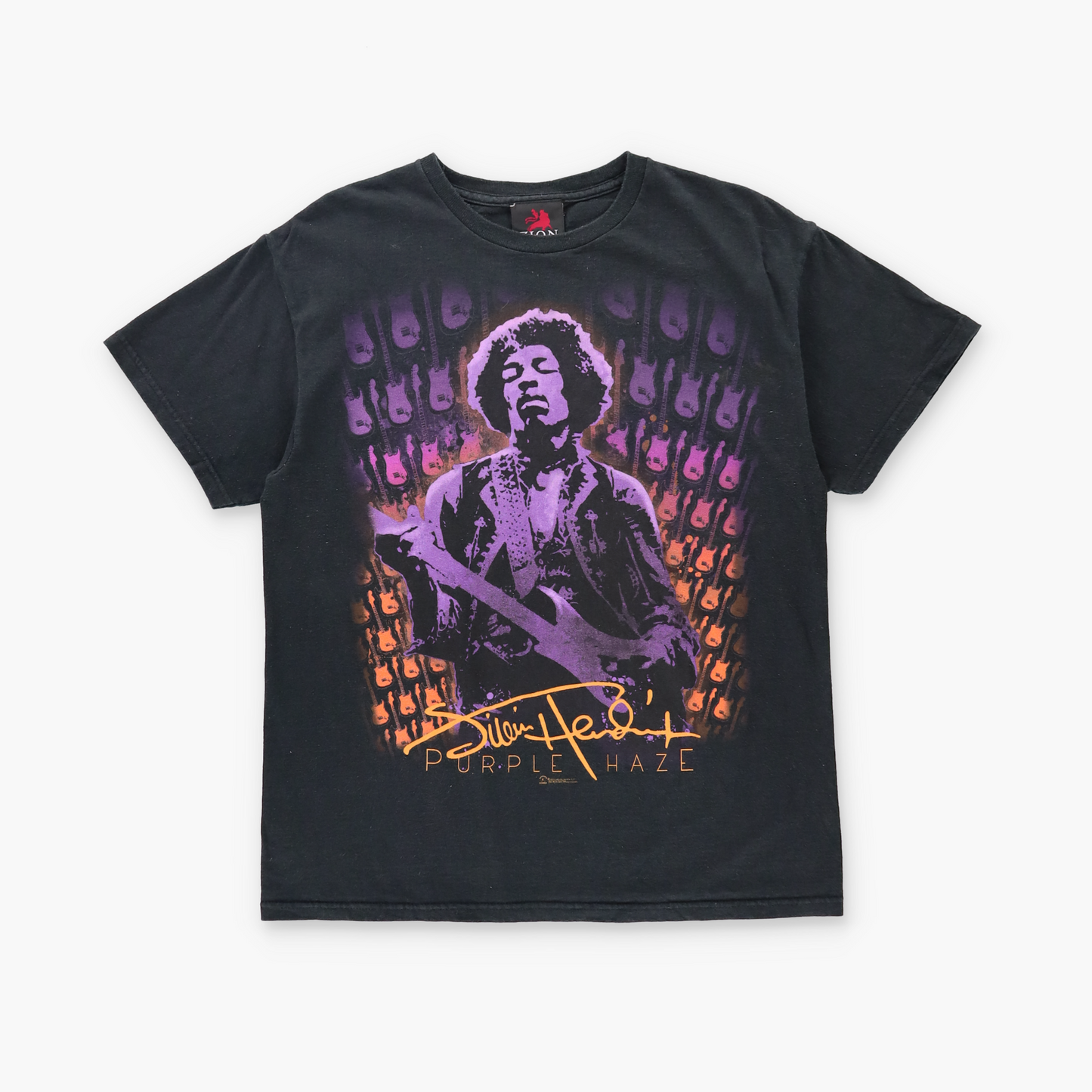 ZION ROOTSWEAR Jimi Hendrix "Purple Haze" Orange & Purple Gradient Graphic Black Tee (M)