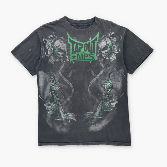 TAPOUT Black & Green Shimmer Logo Skulls & Chains Y2K Wrestling Tee (M)