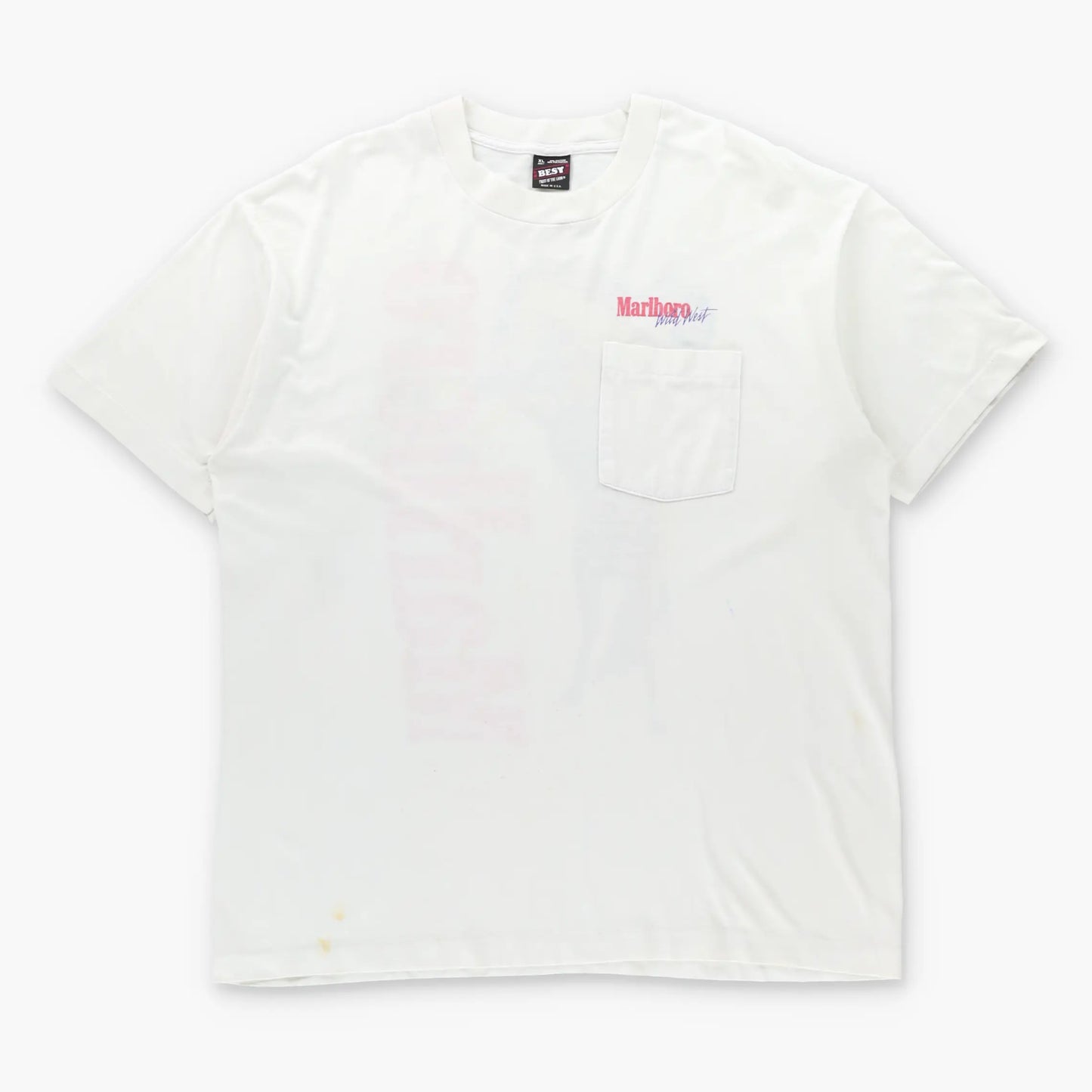 Vintage 90s MARLBORO Wild West Cowboy Front Pocket USA Made White T-Shirt (XL)