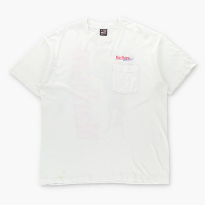 Vintage 90s MARLBORO Wild West Cowboy Front Pocket USA Made White T-Shirt (XL)
