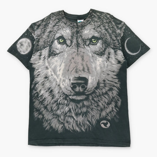 Vintage 1995 LIQUID BLUE Blue Moon Wolf All Over Print USA Made T-Shirt (XXL)