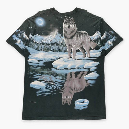 Vintage 1995 LIQUID BLUE Blue Moon Wolf All Over Print USA Made T-Shirt (XXL)