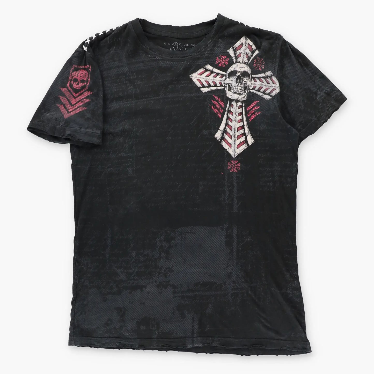 AFFLICTION Vintage Y2K Shoulder Stitching Details Skull Cross Distressed T-Shirt (L TALL)