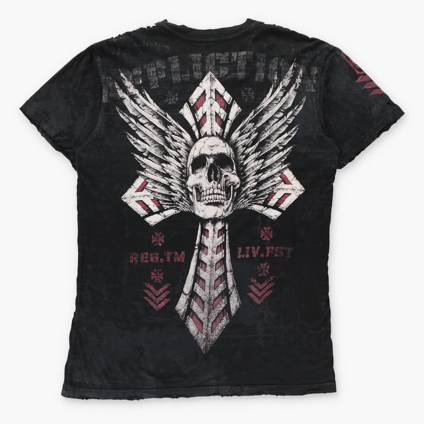 AFFLICTION Vintage Y2K Shoulder Stitching Details Skull Cross Distressed T-Shirt (L TALL)