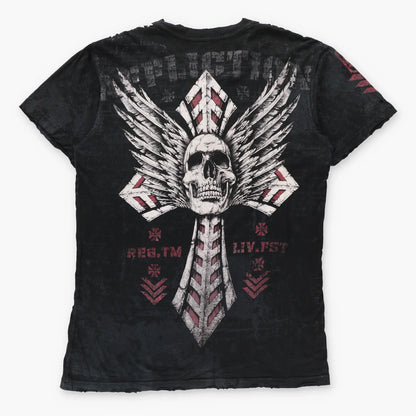 AFFLICTION Vintage Y2K Shoulder Stitching Details Skull Cross Distressed T-Shirt (L TALL)