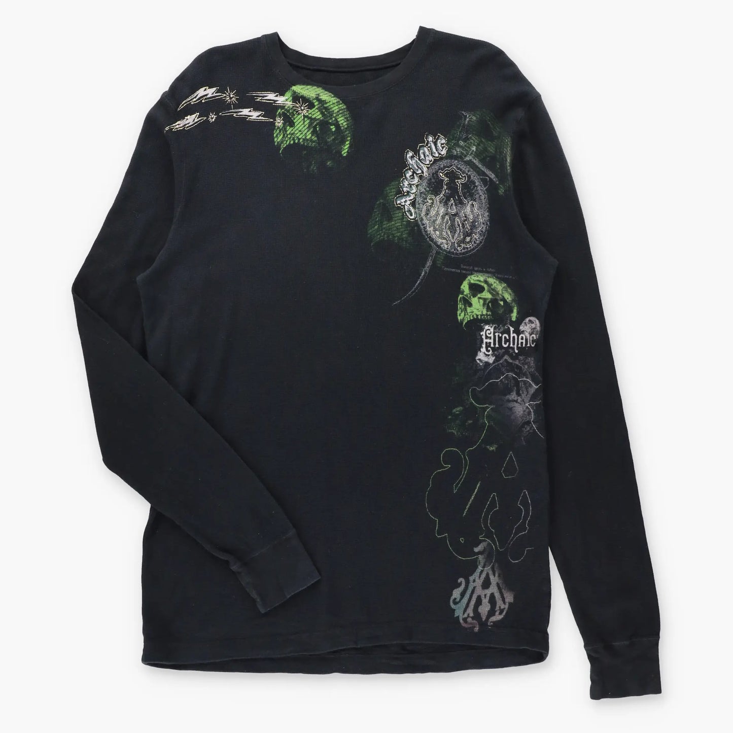 ARCHAIC Vintage Y2K Gold Foil Detail Waffle Knit USA Made Long Sleeve Thermal Tee (XL TALL)