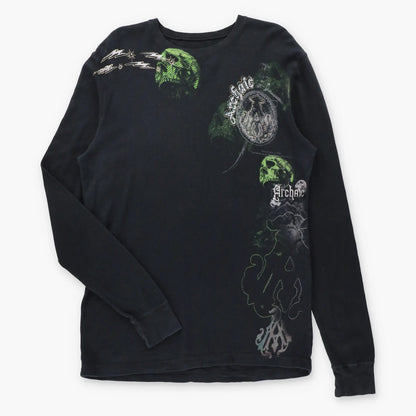 ARCHAIC Vintage Y2K Gold Foil Detail Waffle Knit USA Made Long Sleeve Thermal Tee (XL TALL)