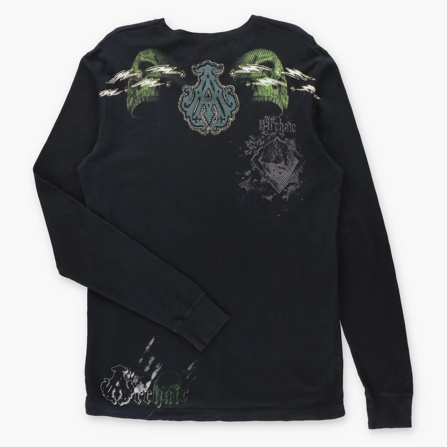 ARCHAIC Vintage Y2K Gold Foil Detail Waffle Knit USA Made Long Sleeve Thermal Tee (XL TALL)