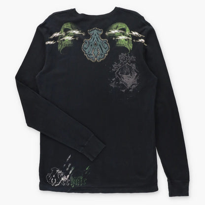 ARCHAIC Vintage Y2K Gold Foil Detail Waffle Knit USA Made Long Sleeve Thermal Tee (XL TALL)