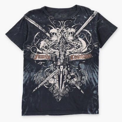 XZAVIER "Family Tradition" Bronze Foil Detail Y2K Style USA Made Cross Dagger T-Shirt (S)