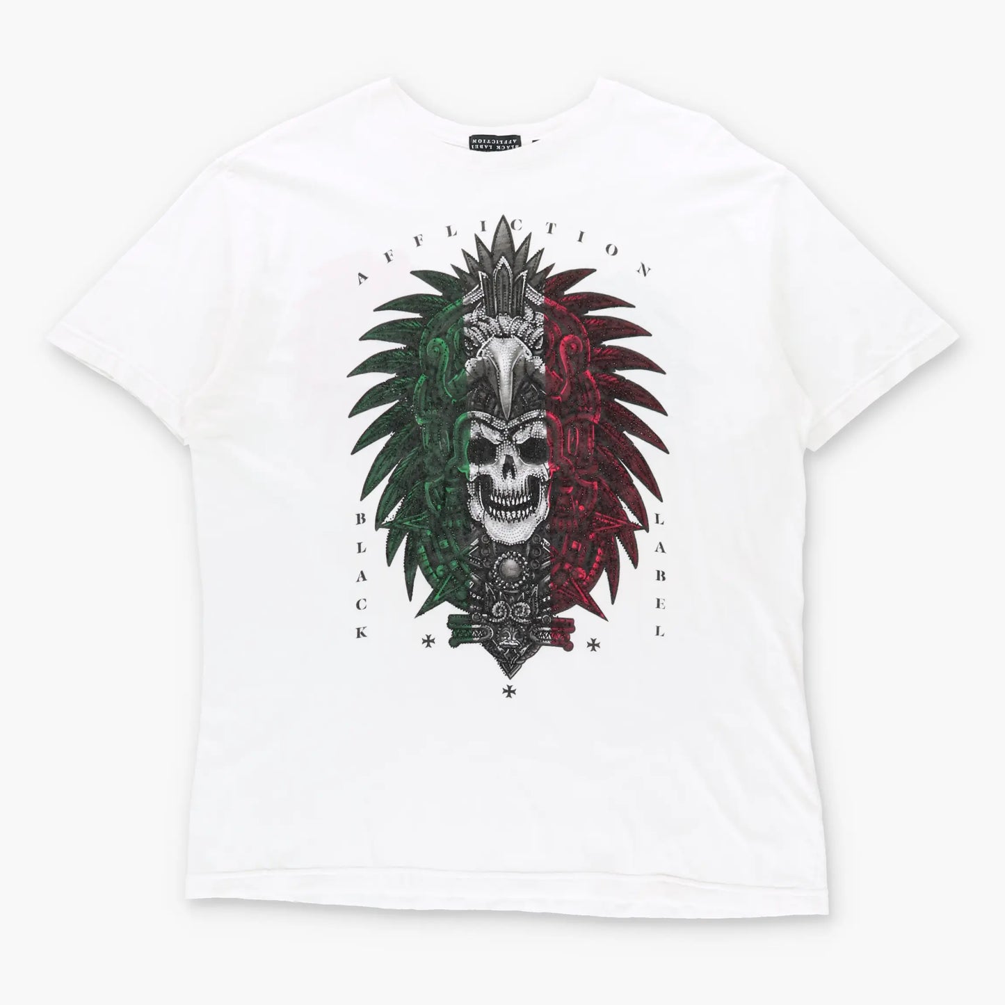 Vintage AFFLICTION 'Black Label' Embellished Mexican Flag Skull Y2K White Tee (XXL)