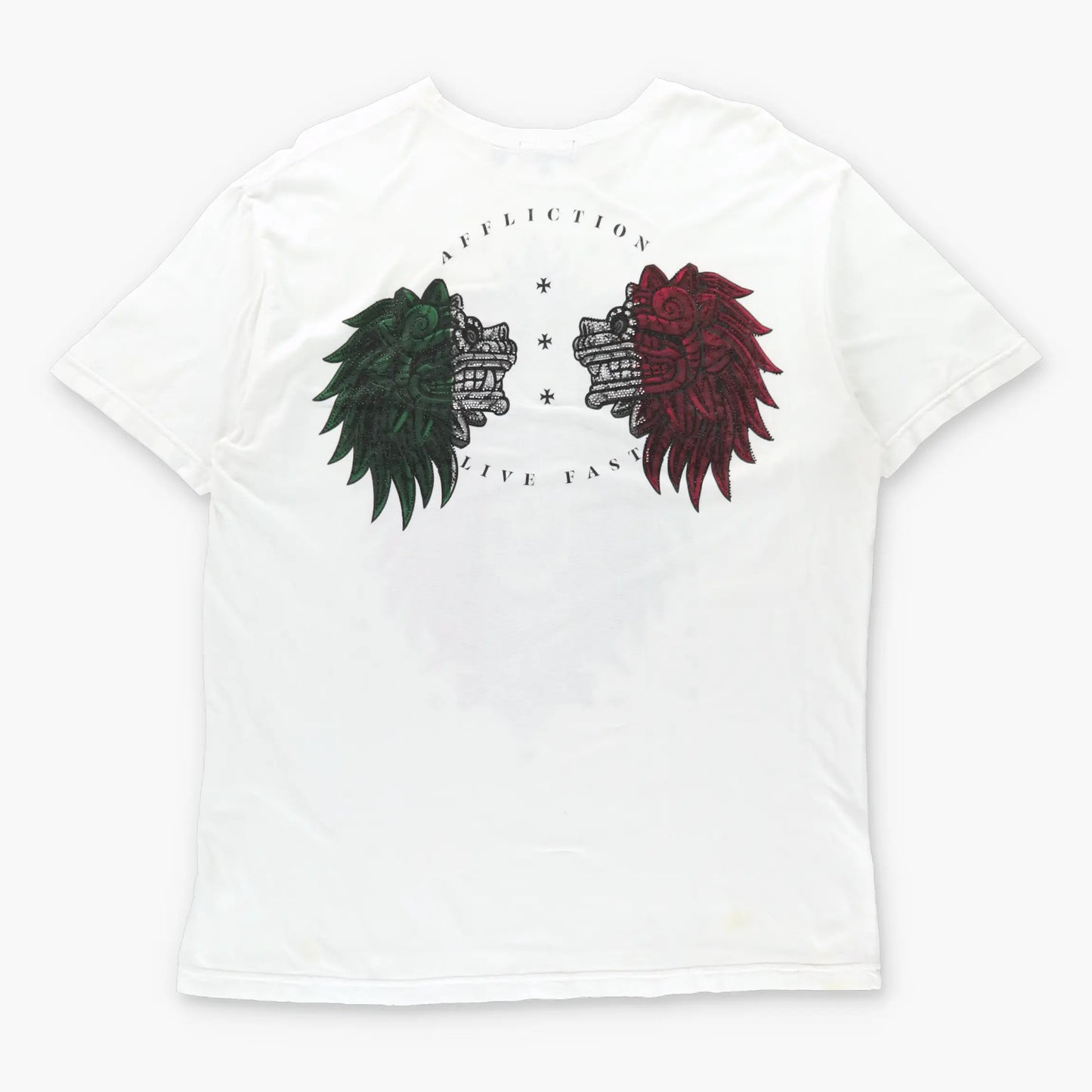 Vintage AFFLICTION 'Black Label' Embellished Mexican Flag Skull Y2K White Tee (XXL)
